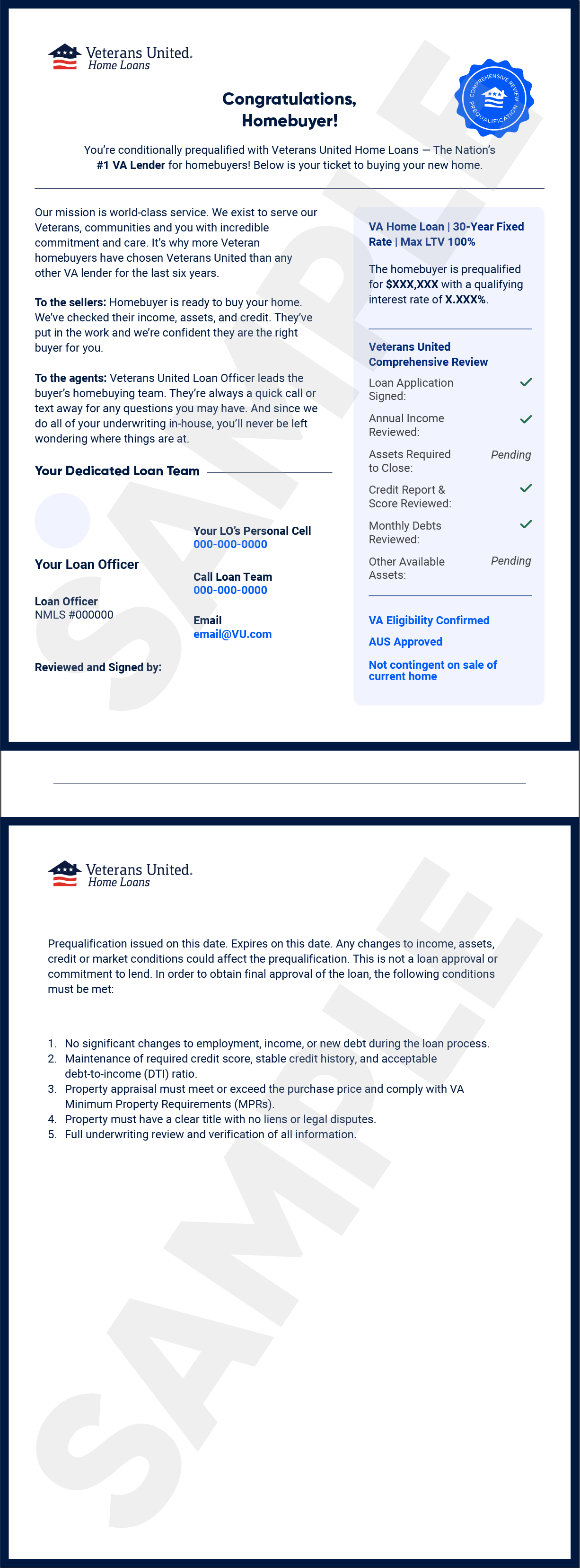 Sample example of a Veterans United preapproval letter