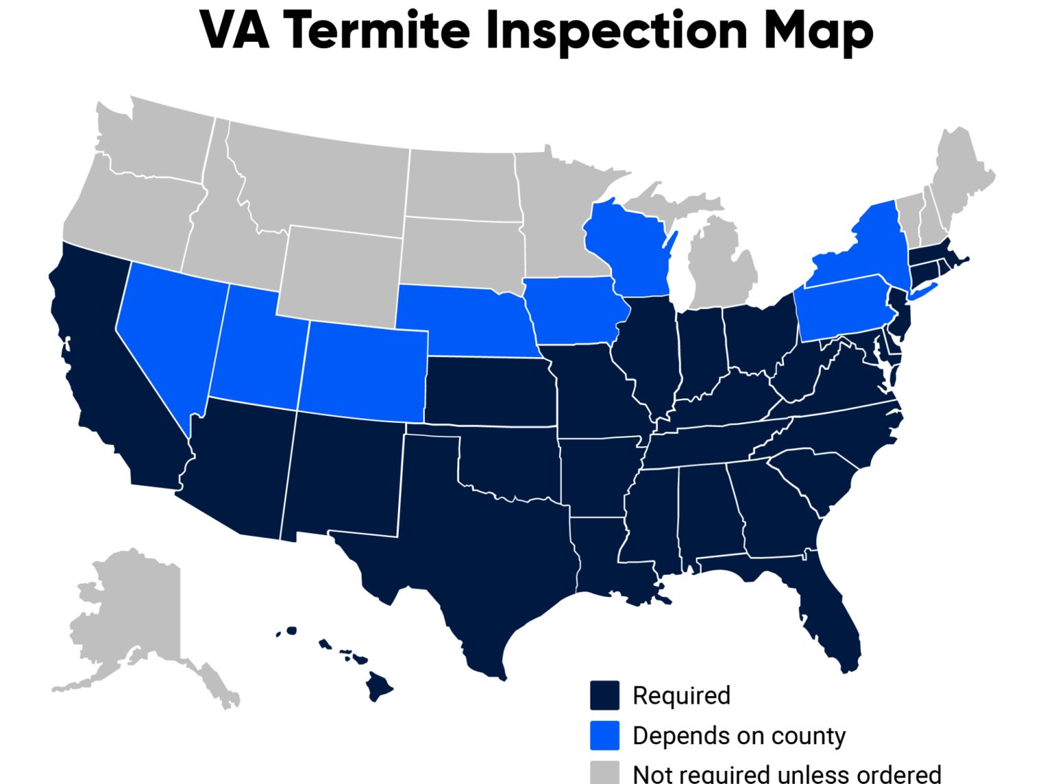 U.S. map showing which states require termite and pest inspections for a VA loan.