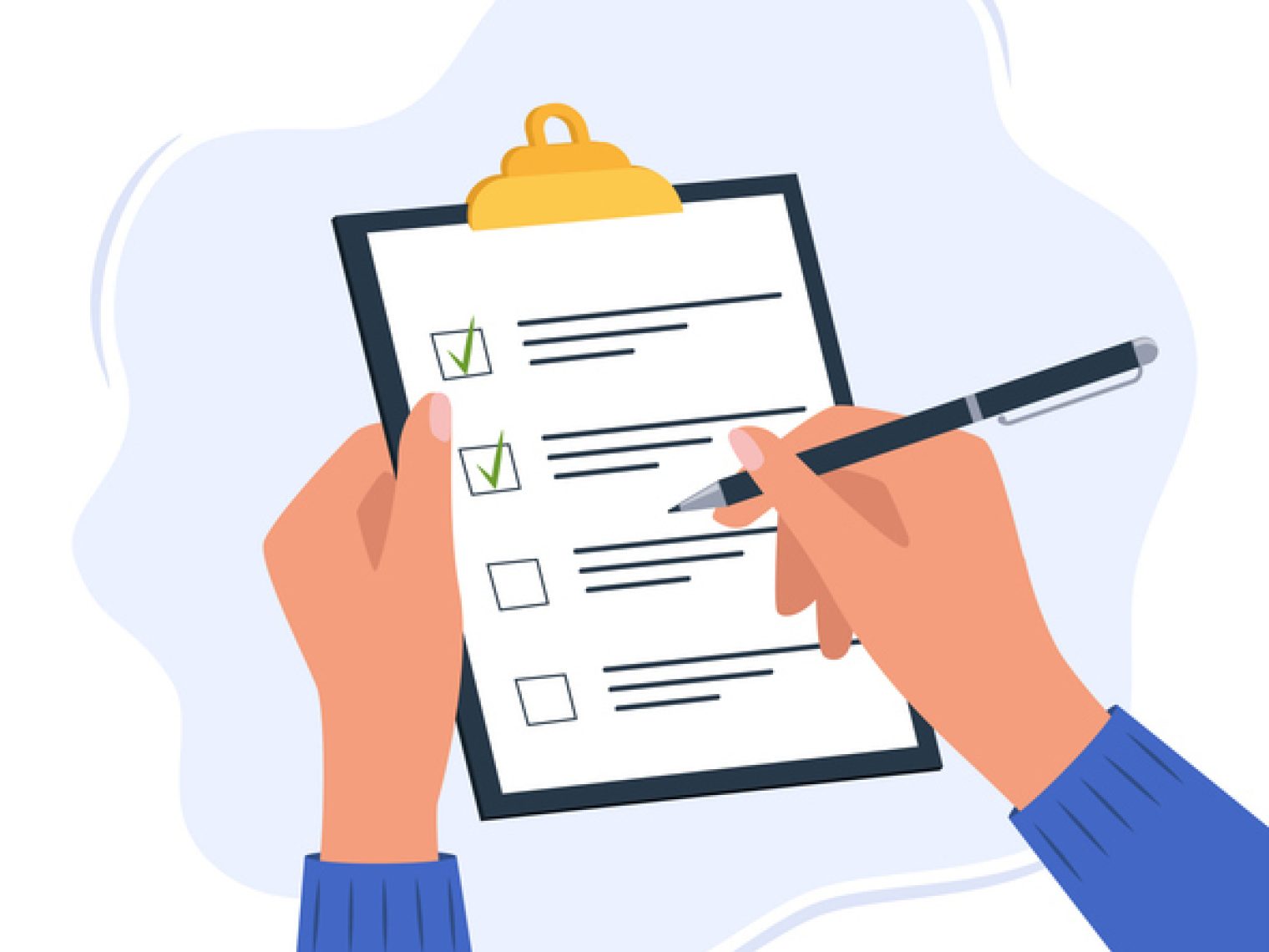 An illustration showing hands holding a clipboard and checking off items on a list with a pen, representing task completion or verification.